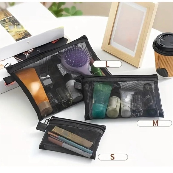 Handbags - 3pcs Multi Mesh Travel Cosmetic Bags Set - Black